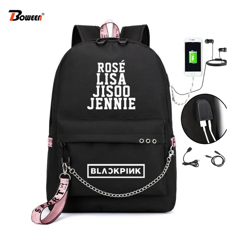 

Kpop blackpink Backpack Women Korea Student Large School Bags for Teenage Girls Boy Nylon Chain Back Pack USB Bagpack black 2019
