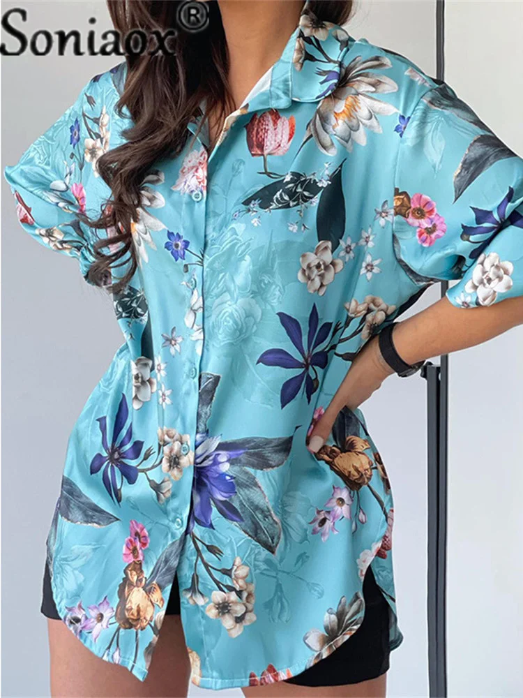 Leisure Flowers Print Shirts Button Lapel Cardigan Top Lady Loose Long Sleeve Oversized Shirt Womens Blouses Autumn Blusas Mujer