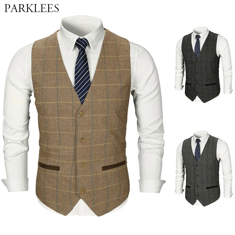

Big Plaid Men Vests Dress 2020 British Style Men Gilet Business Casual Slim Fit Mens Waistcoat Wedding Party Prom Vest for Men