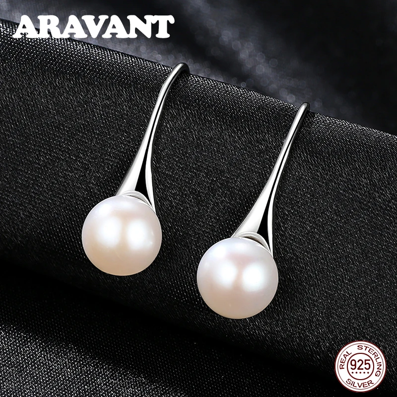 

925 Sterling Silver 8mm Round Pearl Drop Earrings For Women Jewelry White Black Pink