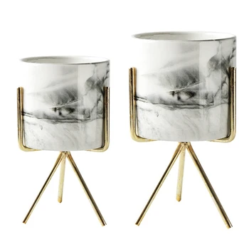 

2 Pcs Nordic Home Minimalist Style Marble Vase Wrought Iron Tabletop Succulent Flower Pot Gold + White Ceramic , S & M