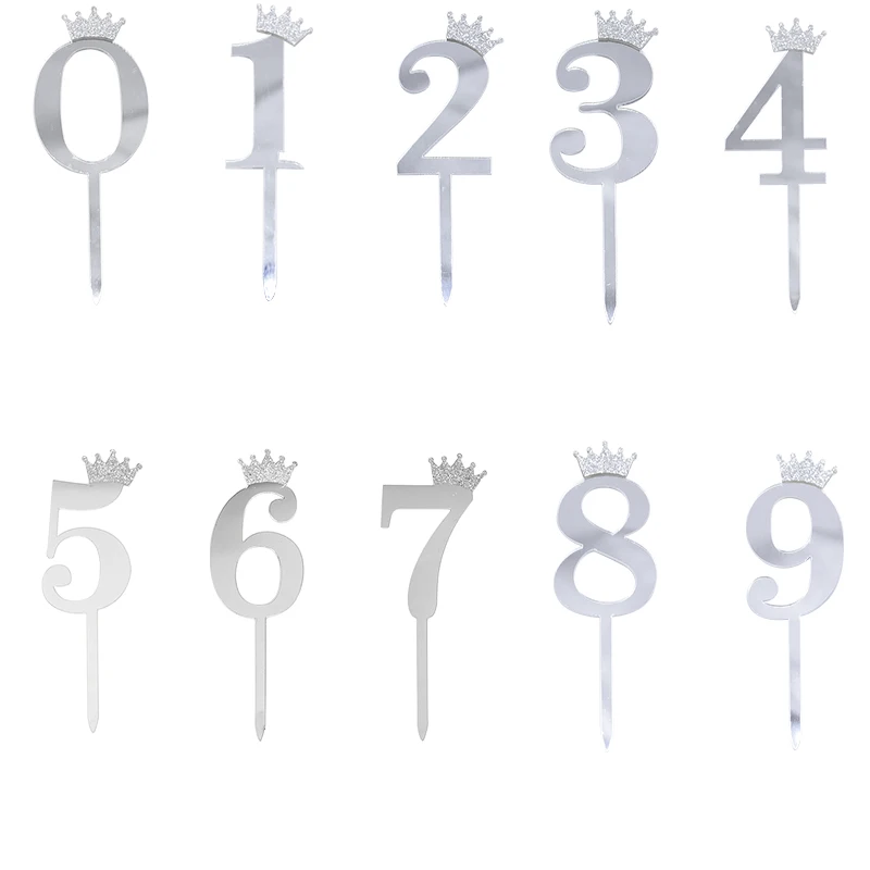 10pcs Silver 0-9 5 шт. Золотые Серебряные Акриловые цифры 0-9 алмазная корона коллекция топперы для торта на день рождения десерт торт Декор Топпер поставки - Цвет: 10pcs Silver 0-9