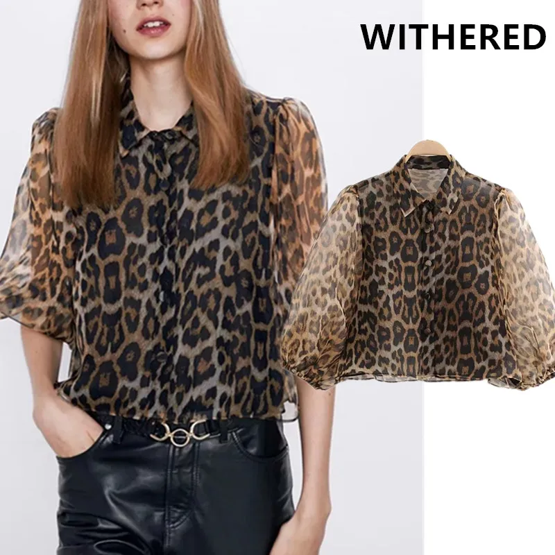 

Withered england high street Leopard Print gauze sexy blusas mujer de moda 2019 kimono shirt womens tops and blouse plus size