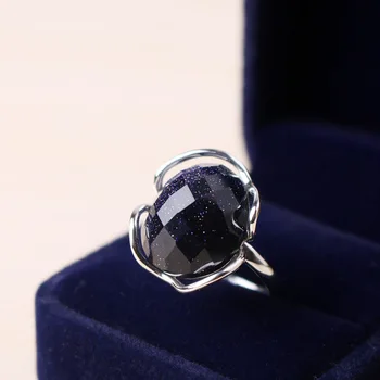 

Vintage Gemstone Ring S925 Sterling Silver Wholesale Three-dimensional Simple Silver Lace Blue Gold Sandstone Adjustable Ring