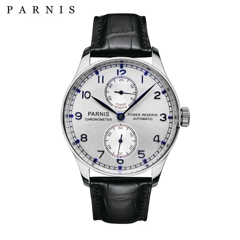 Parnis 43mm Silver Case Automatic Mechanical Men's Watch Power Reserve Black Leather Strap Men Watches heren horloge Luxury - Цвет: 1