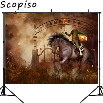 

Scopiso Photography Backdrop Gloomy Cemetery Night Headless Knight Halloween Theme Photo Background Studio Prop