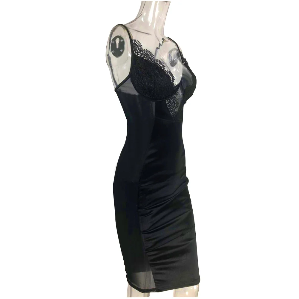 

Summer Midi Package Hip Club Party Bodycon Sexy Spaghetti Strap Underwired Mesh Patchwork Women Dress Lace Perspective Soft