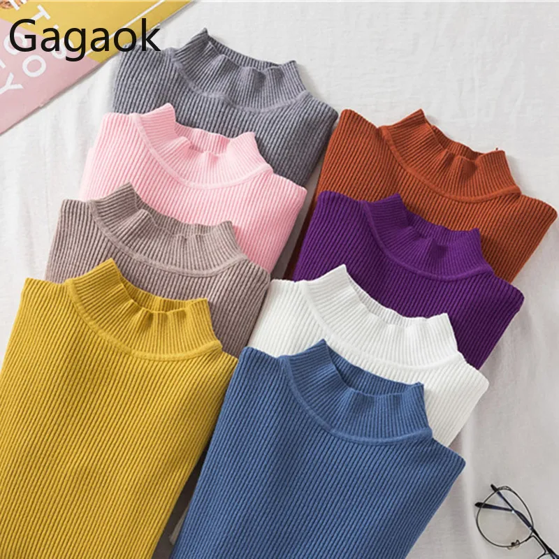 

Gagaok Women Knitted Sweater Autumn Winter Solid Turtleneck Full Thin Slim Wild Elasticity Female Korean Bottoming Pullover Tops