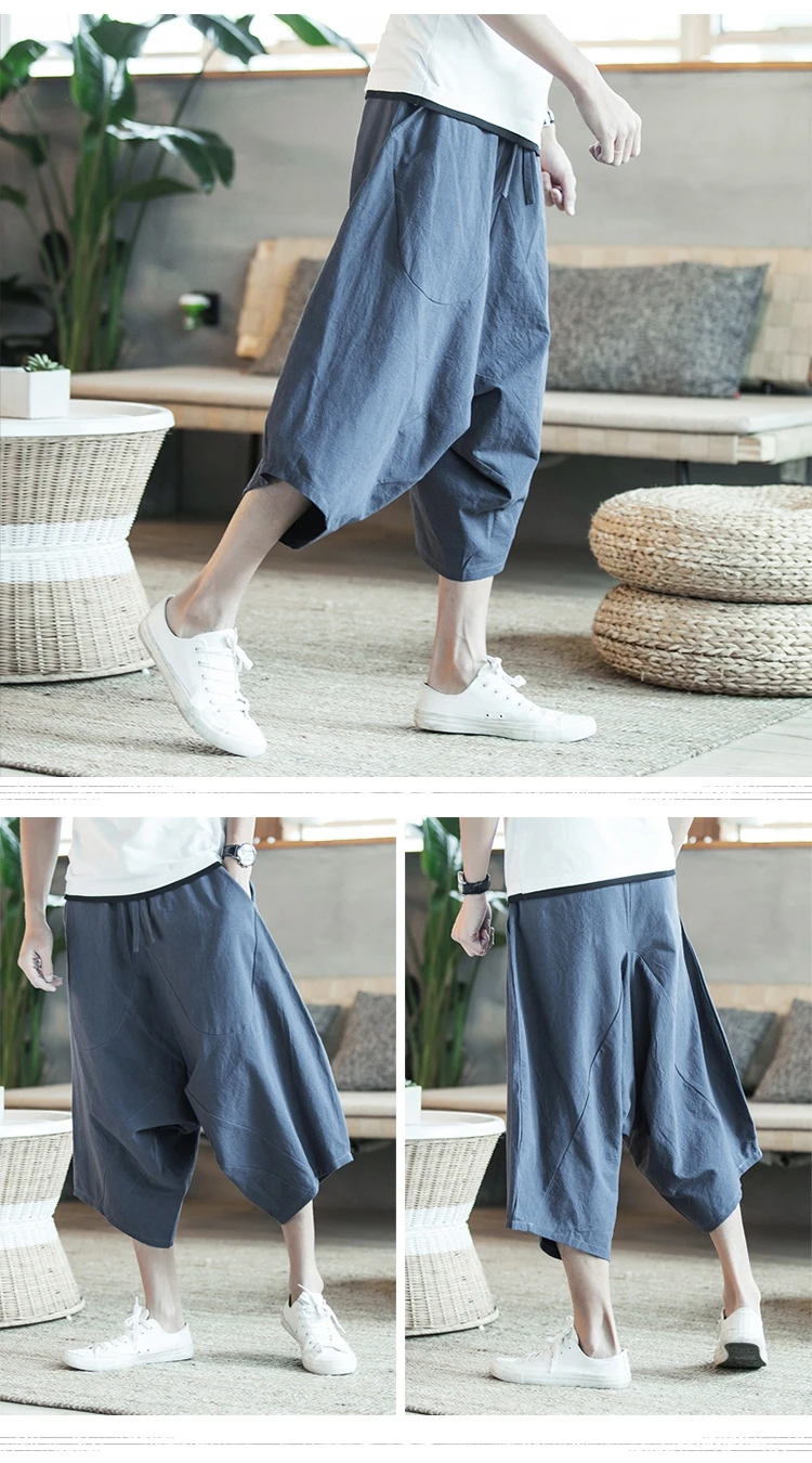 Men Pants Men's Wide Crotch Harem Pants Loose Large Cropped Trousers Wide-legged Bloomers Chinese Style Flaxen Baggy SA-8
