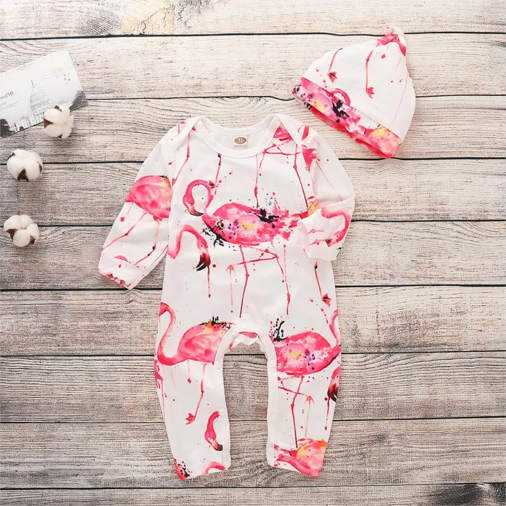 

Baby Girls Rompers Set Flamingo Printed Newborn Baby Girls Long Sleeve Jumpsuits + Hats Kids Rompers 2PCS Children Outfits Suits