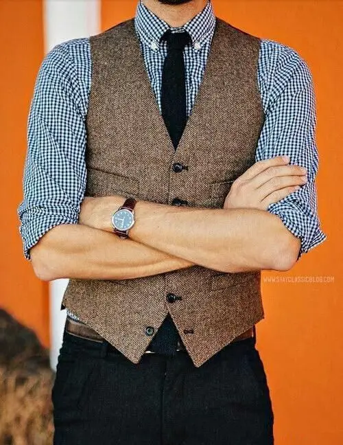 Groom Vests For vintage Country Wedding Party British Style Brown Tweed Groom Vests Formal Groom's Wear Suit Vest Men's