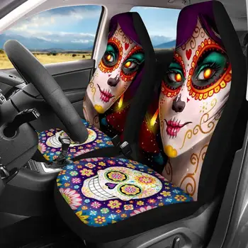 

HUGSIDEA Mexicon Sugar Skull Girl Printed 2pcs Car Seat Covers Vehicle Decor Accessories Universal Cloth Cars SUV Protector Seat