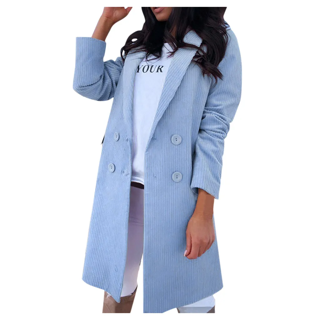 Однотонный двубортный блейзер для женщин, длинный рукав, отложной воротник, тонкая куртка, пальто, элегантные офисные женские блейзеры и куртки# J30 - Цвет: Blue