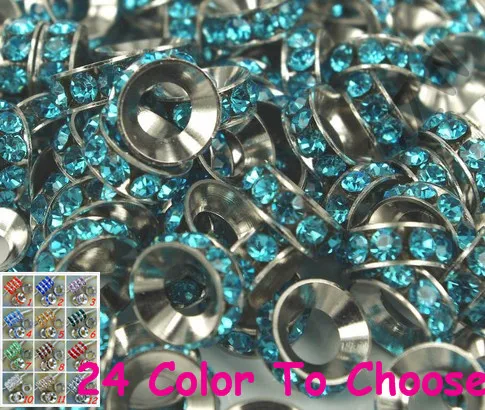 

tg2342 Gift 10mm Blue Rhinestone Crystal Rondelle Spacer Beads Lot,Rhodium Plated Big Hole European Beads