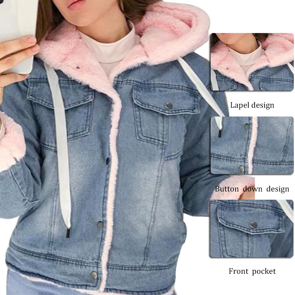 New Women Denim Jacket With Fur Winter Jeans Warm Hooded Velvet Jacket Femme Faux Fur Collar Padded Coats Bomber Windbreake