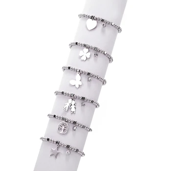 

Stainless Steel Heart Star Figure Tree of Life Four Clover Charm Bracelet Energy Beads Crystal Bracelet Women Steel Jewelry Gift