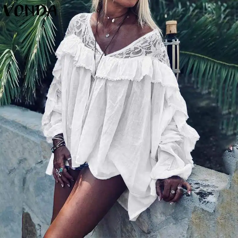 

White Shirts Women Tunic Sexy V Neck Long Butterfly Sleeve Beach Tops VONDA 2019 Autumn Blouse Casual Loose Plus Size Blusas