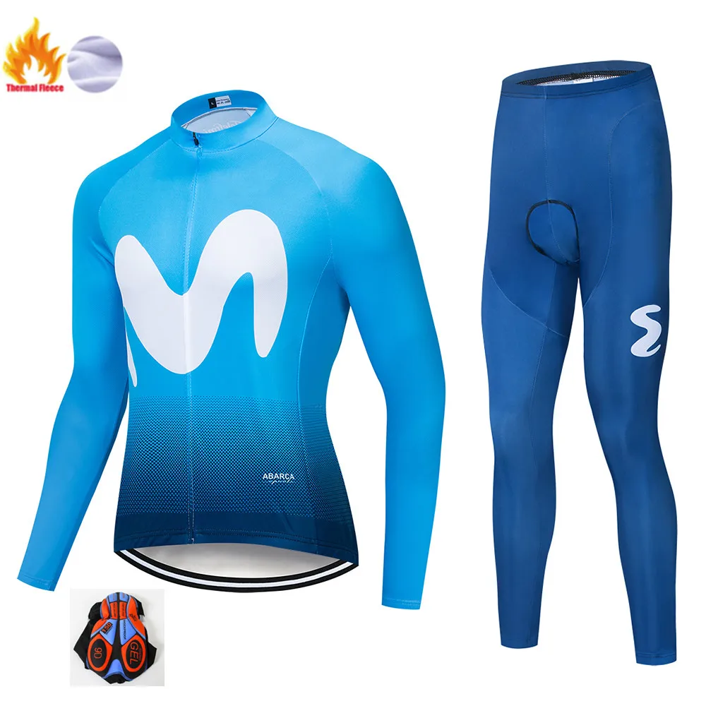 Movistar мужская длинная теплая флисовая велосипедная одежда профессиональная команда Велоспорт Джерси зимний комбинезон набор MTB Чемпион Ropa Ciclismo Maillot - Цвет: Winter Cycling suit