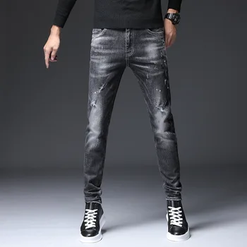 

Men's Autumn Korea Style Slim Fit Straight Fashion Nylon Jeans Pencial Pant Zipper Fly Middle Waist Trousers Male Frayed Pants