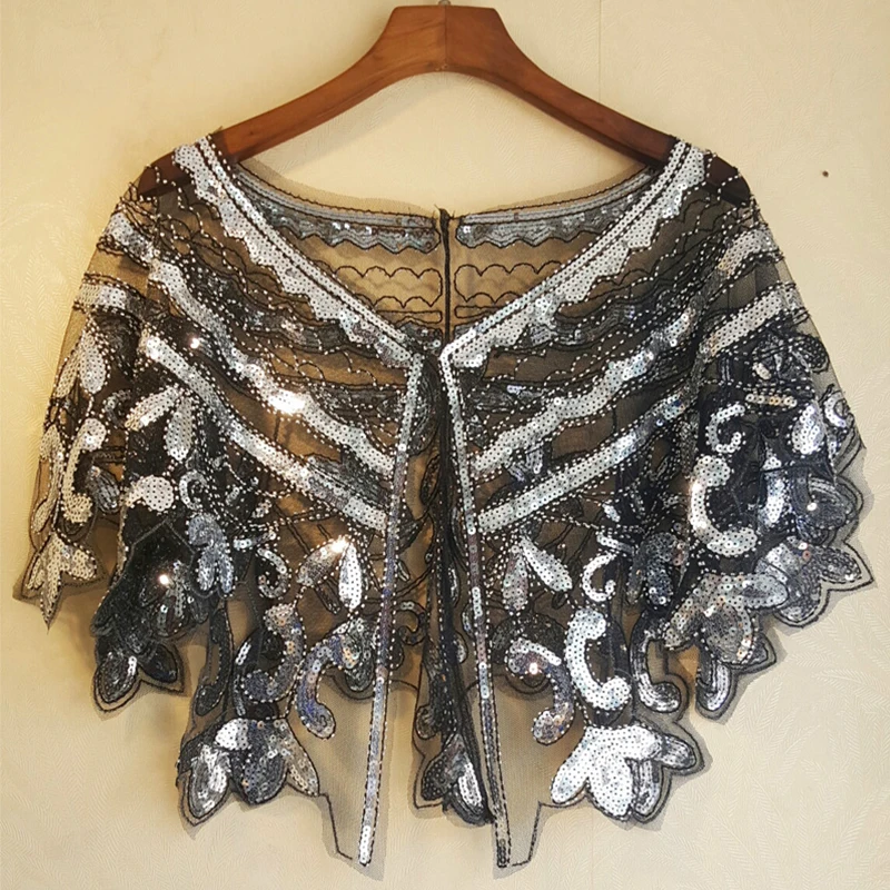 

Women 1920s Flapper Embroidery Fringe Shawl Cover Up Gatsby Party Beaded Sequin Evening Cape Vintage Mesh Wraps for Dress New