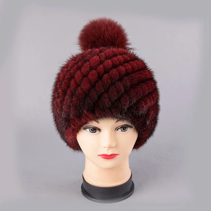 

Women Mink Fur Knitted Hats Autumn Genuine Real Pineapple Shape Striped Lady Warm Caps Beanies Headgear Female Winter fox ball