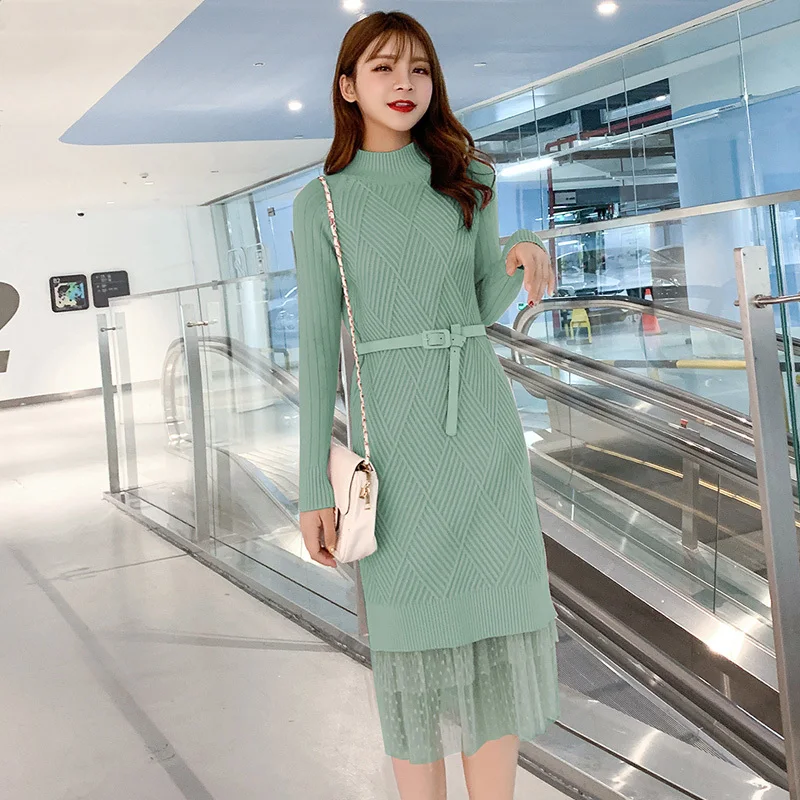 

2019 Autumn Winter Fashion 2 Piece Set Women Suits Knitted Sweater Top + Midi Mesh Skirt Suit Female Elegant Casual Office