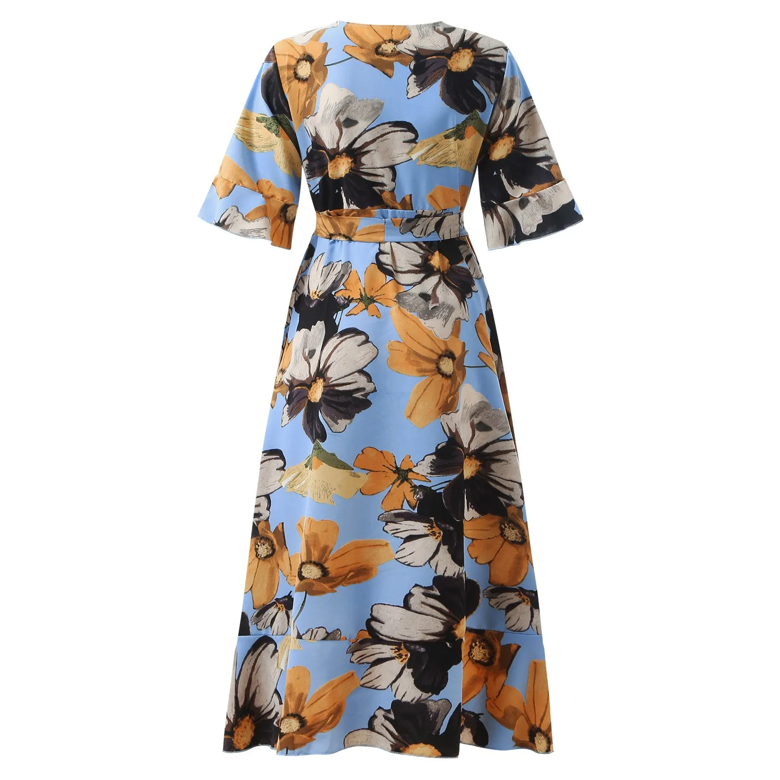 2021 Summer Casual Women Clothes V Neck Print Short Sleeve Ruffle Floral Irregular Dress Plus Size Maxi Long Dresses