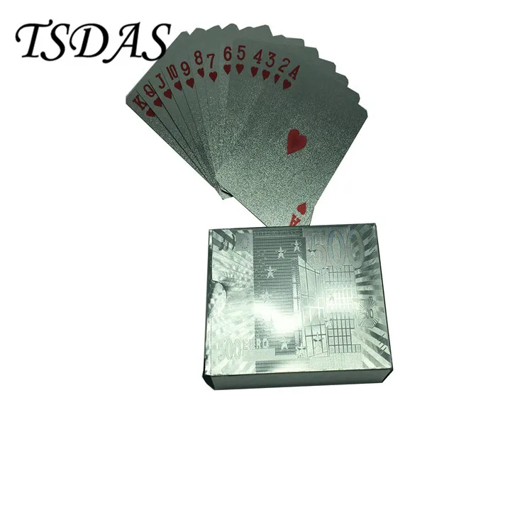 

24K Gold Playing Card 500 Euro Design Silver Foil Poker Waterproof Colored Plastic Playing Card 52 Cards & 2 Jokers Special Gift