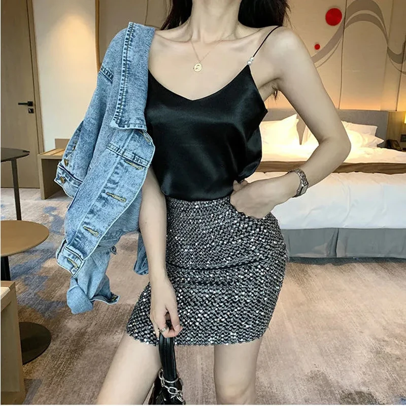 2021 Women's Wear Beige Women's Tube Top Satin Top V-Neck Aesthetic Clothing Trendy Camisole Bohemian Vest Open Back T-shirt cheap bras