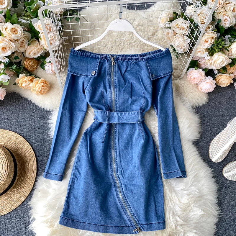 

FMFSSOM Spring Autumn Belt Denim Off Shoulder Zipper Down Long Sleeve High Waist Women Ladies Female Dress