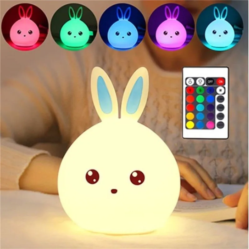 Сенсорный экран Сенсор силиконовые кролик светодиодный ночной Светильник 3D мультфильм животных красочная настольная лампа прикроватный светильник ing для Для детей детские подарки - Испускаемый цвет: Remote White Blue