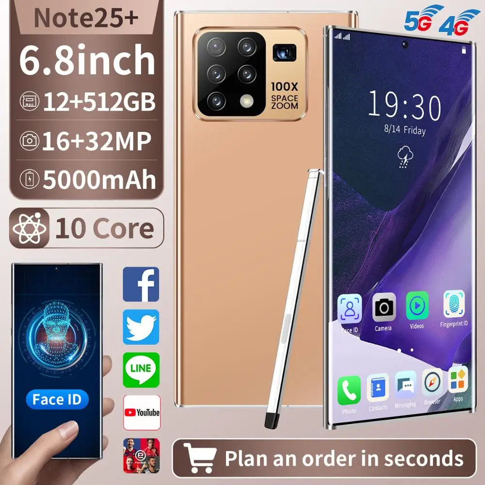 Global Version Galax Note25+ Mobile Phone Snapdragon 865 Android 10.0 12GB 512GB 5000mAh Fingerprint Unlock Smart Cellphone WiFi