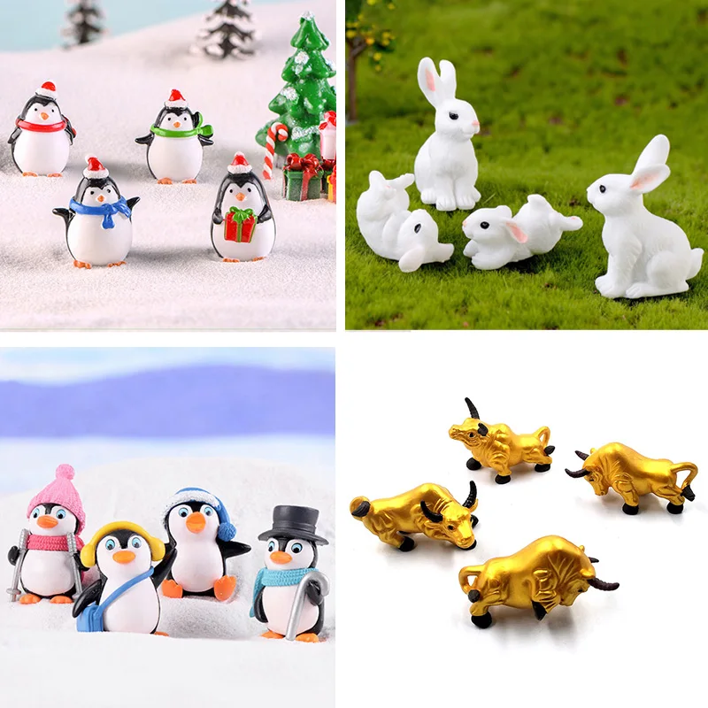 Christmas Penguin Rabbit Squirrel Cat Dog Cow Pig Animal Model Action Figure 4pc Cake Decoration Toy Set Children Doll House for action figure