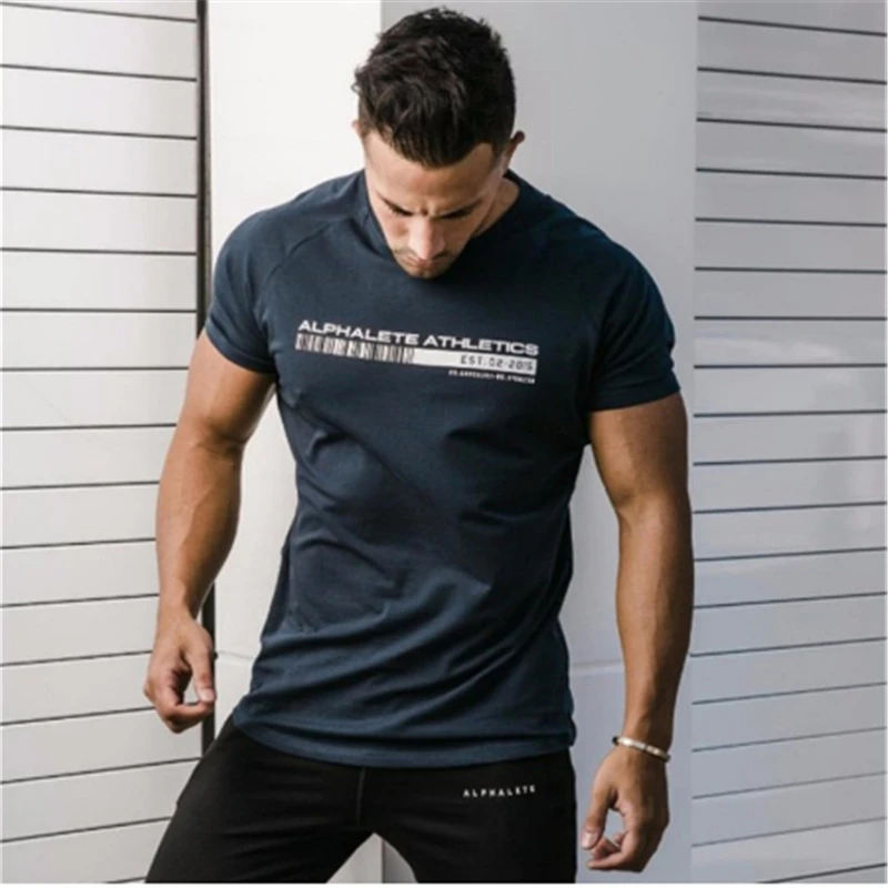 

New ALPHALETE Summer Men Short Sleeve Gyms T shirt Fitness Bodybuilding Slim Shirts Fashion Leisure Cotton Casual mens Tee Tops