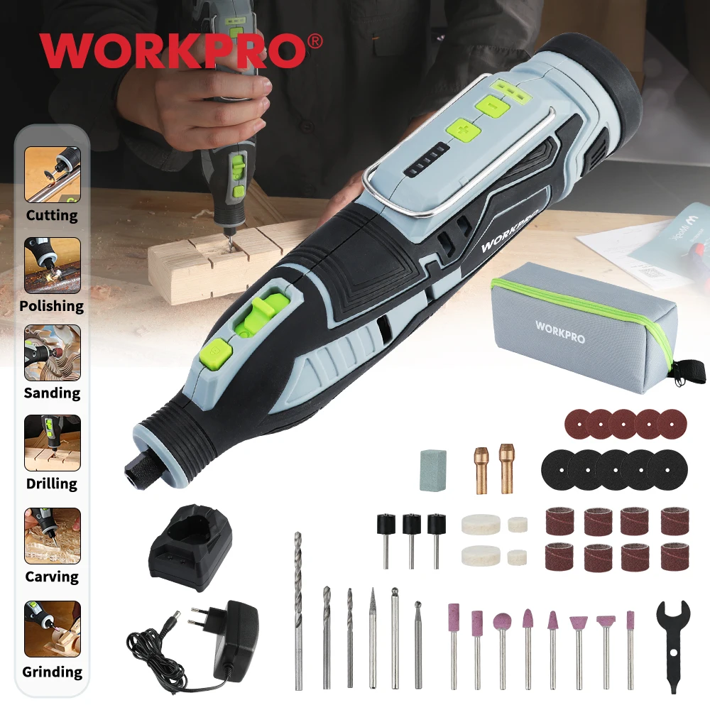 WORKPRO 12V Cordless Rotary Tool Kit 5 Variable Speeds 114 Easy Change Accessories Multi-use Carving For Handmade and DIY electric multi tool