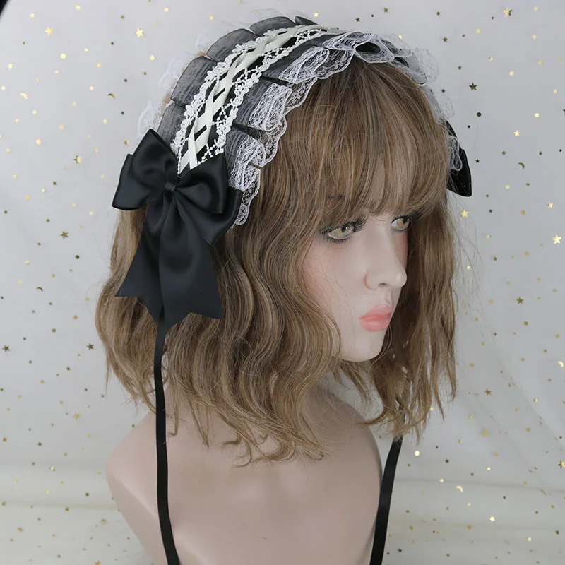 Винтажная японская Милая Кружевная повязка с бантом в стиле Лолиты, повязка для волос горничной, аксессуары для волос на каждый день, повязки на голову - Цвет: Black
