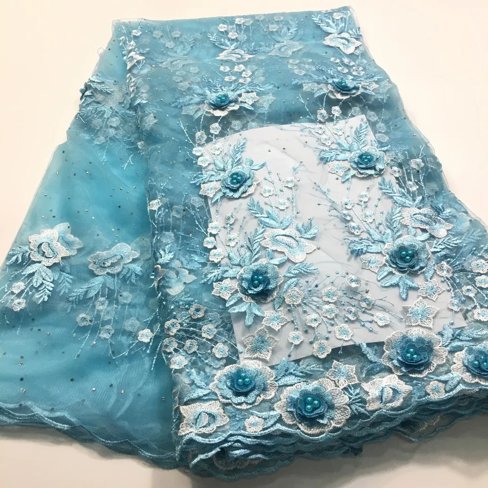

Latest Light Blue Tulle Lace Fabric High Quality Europe And America Fashion Fabric With Beads 3d Embroidery French lace Fabrics