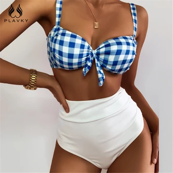 

Sexy Blue White Gingham Front Tie High Waist Bikini Plaid Checker Bathing Suit Swim Wear For Women Swimsuit Swimwear Summer 2020