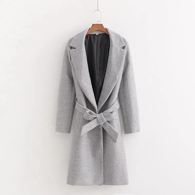 ZA осенне-зимнее серое шерстяное пальто для женщин, плотное длинное однотонное пальто с поясом, повседневная женская ветровка, верхняя одежда, шерстяной Тренч, женская одежда - Цвет: gray