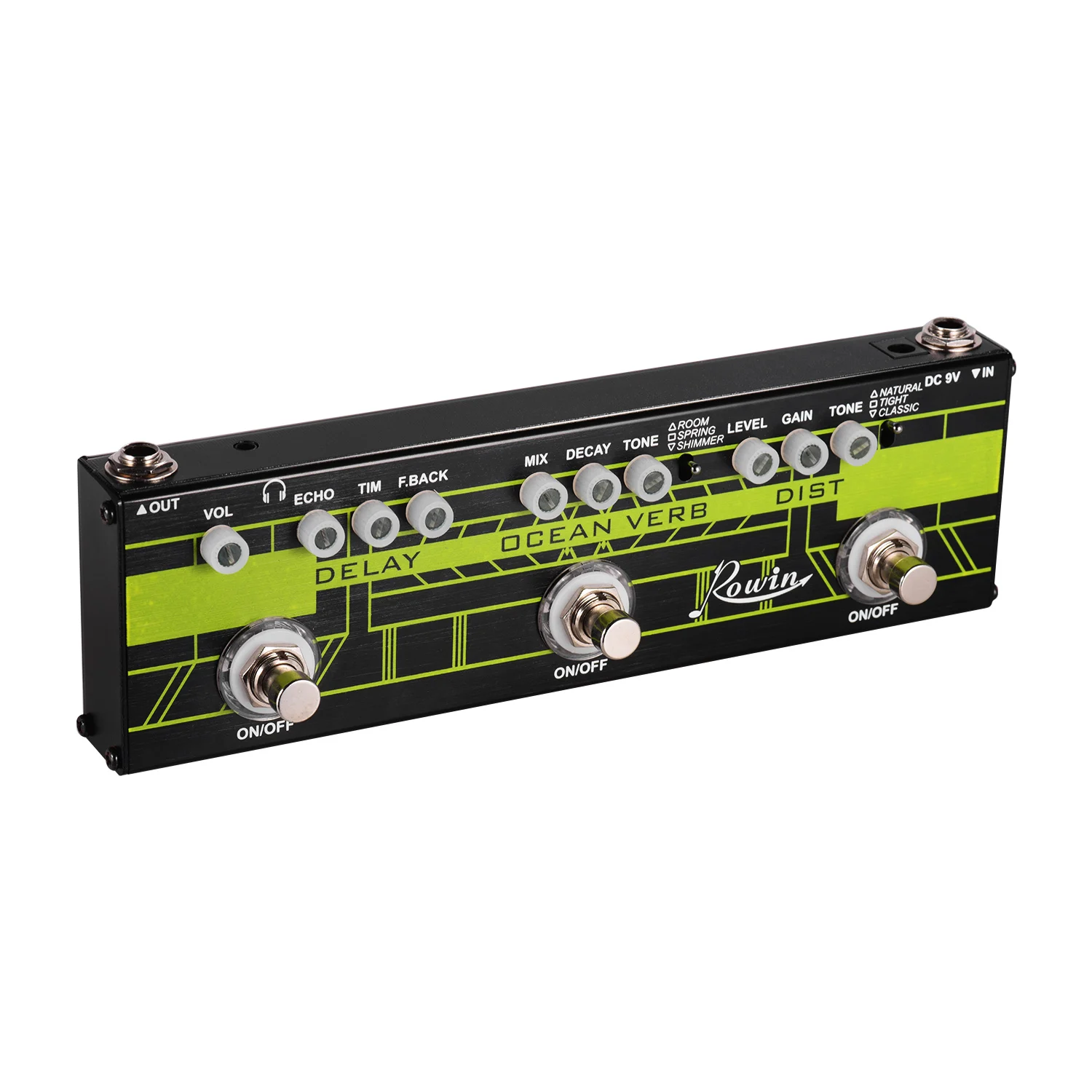 

New Rowin DAP-1 3-in-1 Multi Effects Advanced Guitar Pedal Delay + Ocean Verb + Distortion Shell with True Bypass Accessories