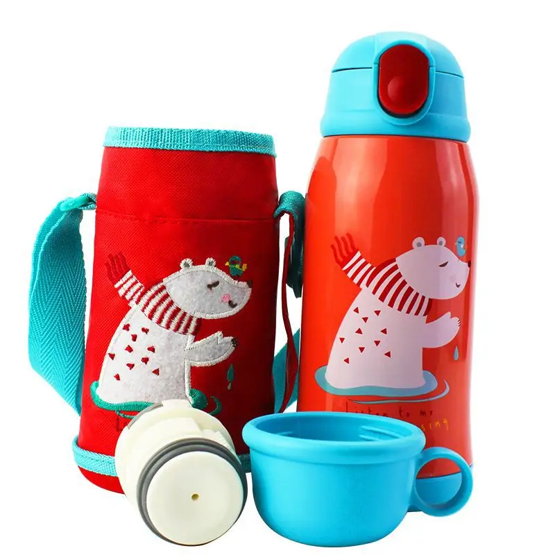 600 мл новые милые детские вещи вакуумная детская бутылка для воды двойная крышка из нержавеющей стали соломы термосы с 2 крышками и веревочной сумкой - Цвет: A-red