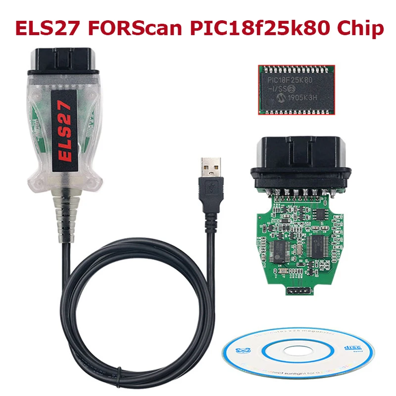 Latest V2.3.8 ELS27 FORScan OBD2 Diagnostic Cable Green PCB PIC24HJ128GP+FTDI Mircochip ELS27 for Ford/Mazda/Lincoln/Mercury big car inspection equipment Code Readers & Scanning Tools