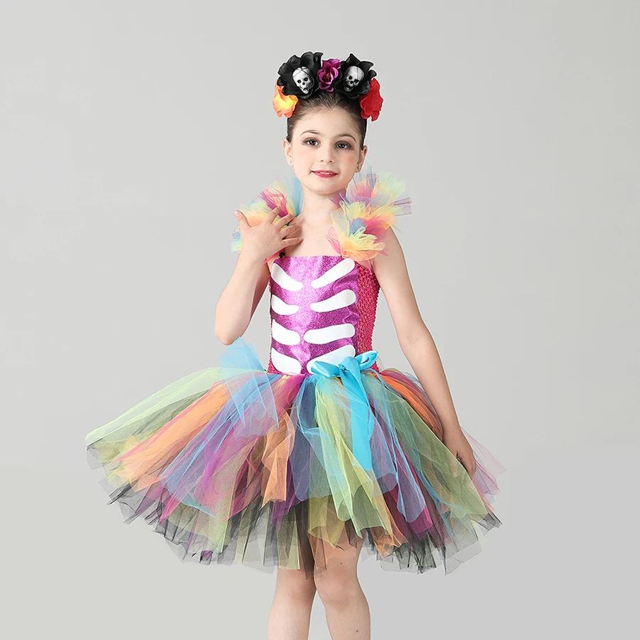 Children Day Of The Dead Halloween Costume Girls Skeleton Skull Dia Muertos Fancy Tutu Dress with Headband Cosplay Party Dress (5)