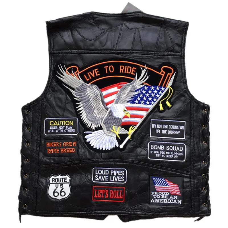 

Letter Embroidery Motorcycle Leather Vest Eagle Patch Retro Men Spring New Fashion Punk Sleeveless Jacket V Neck Waistcoats