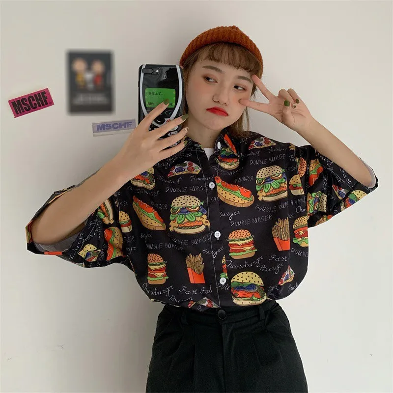 

Women Harajuku Retro Print Shirt Summer Ladies Loose Turn-down Collar Streetwear Tops Vintage Print Blouse