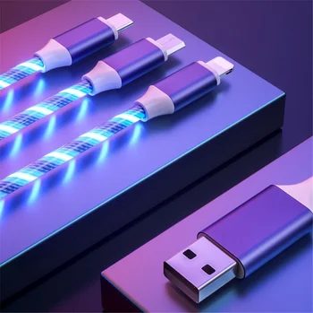 

10 PCS Glow LED Lighting Fast Charging 3 In 1USB Type C Cable for iPhone Huawei Samsung Mobile Phone Cables Charging Cabel Cord
