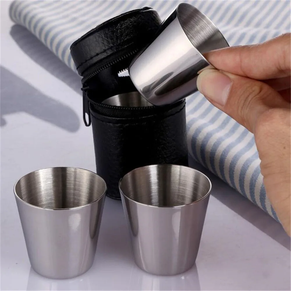 Set of 4 Polished Mini Stainless Steel Shot Glasses with Leather Cover Bag for Home, Kitchen, and Bar Use (30ml each)
