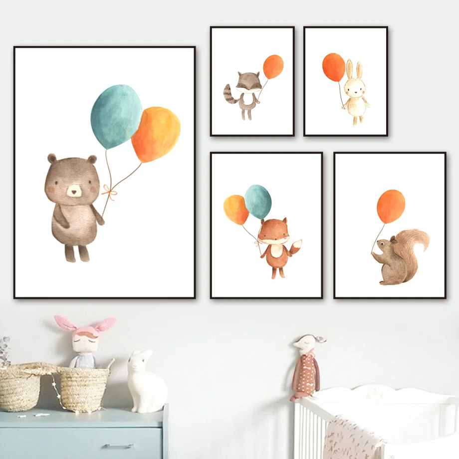

Rabbit Fox Bear Owl Raccoon Balloon Nursery Wall Art Canvas Painting Nordic Posters And Prints Wall Pictures Baby Kids Room Decor