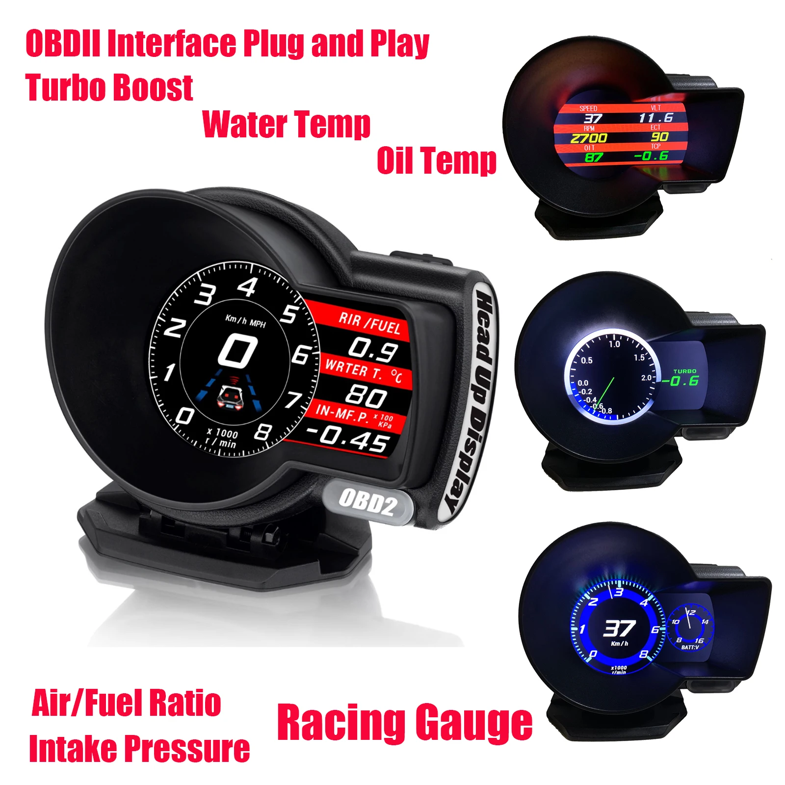 

Racing OBDII OBD 2 Gauge Turbo Boost Water Temp Oil Temp Air Fuel Ratio Tachometer RPM Speedometer GREDDI Meter DEFY Style