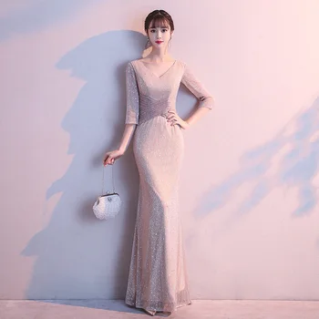 

Women Slim Fishtail Party Prom Gown Exquisite V-neck Half Sleeve Qipao Elegant Champagne Sequins Cheongsam Vestidos De Festa